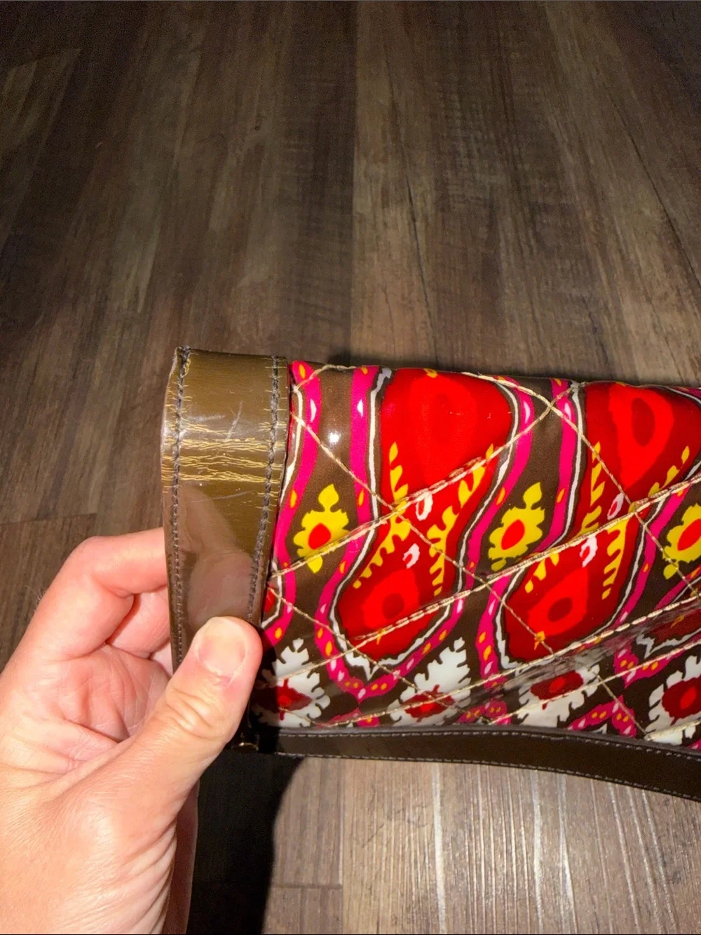 Tory Burch Red Multicolor Printed Patent Leather Clutch with Gold Logo